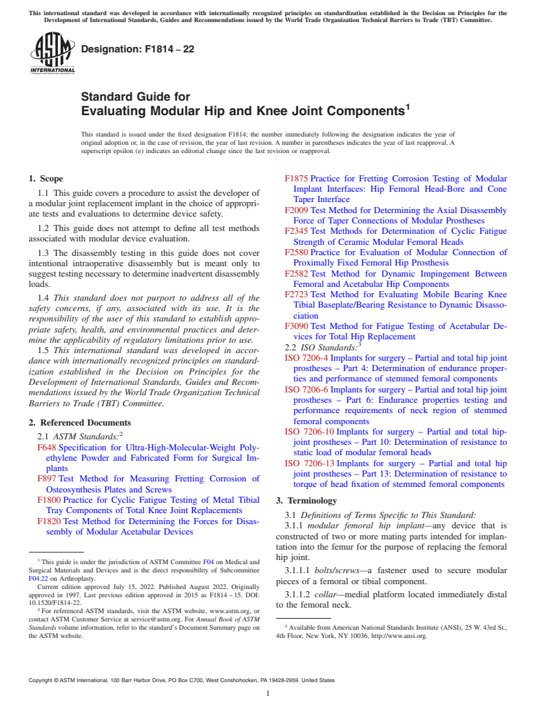 ASTM F1814-22 - Standard Guide for  Evaluating Modular Hip and Knee Joint Components