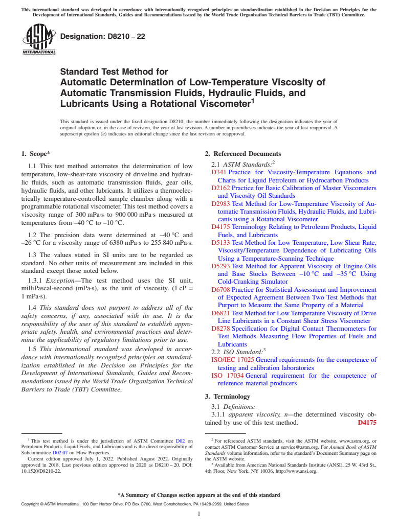 ASTM D8210-22 - Standard Test Method for Automatic Determination of Low-Temperature Viscosity of Automatic  Transmission Fluids, Hydraulic Fluids, and Lubricants Using a Rotational  Viscometer