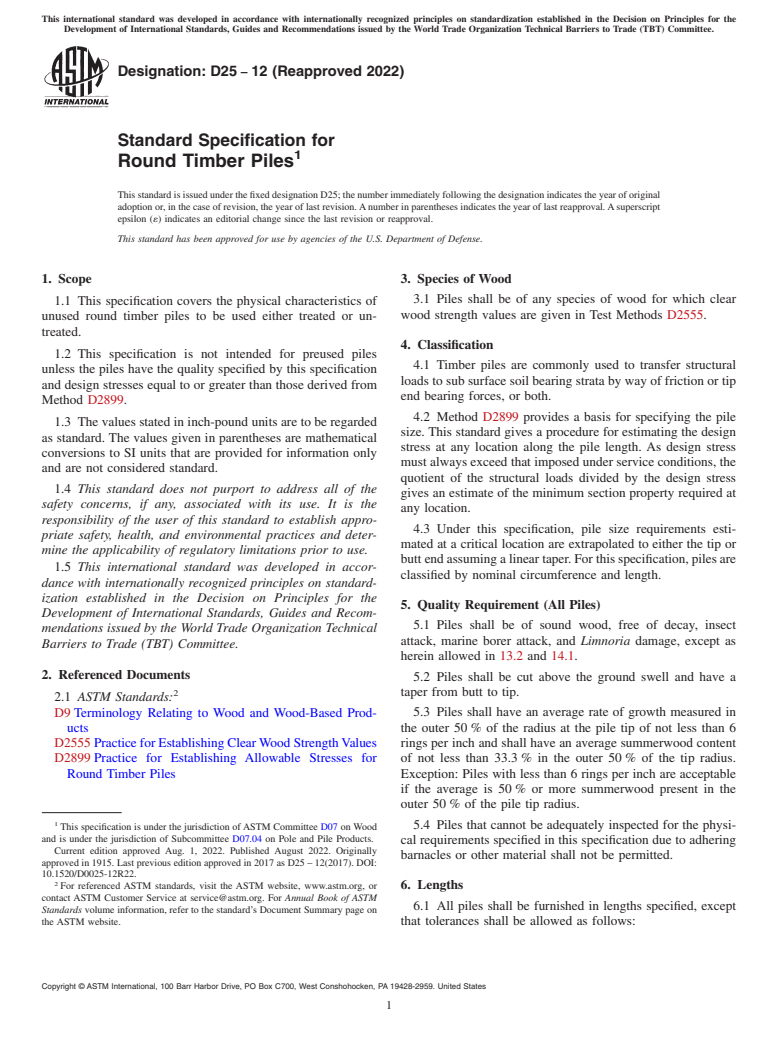 ASTM D25-12(2022) - Standard Specification for Round Timber Piles