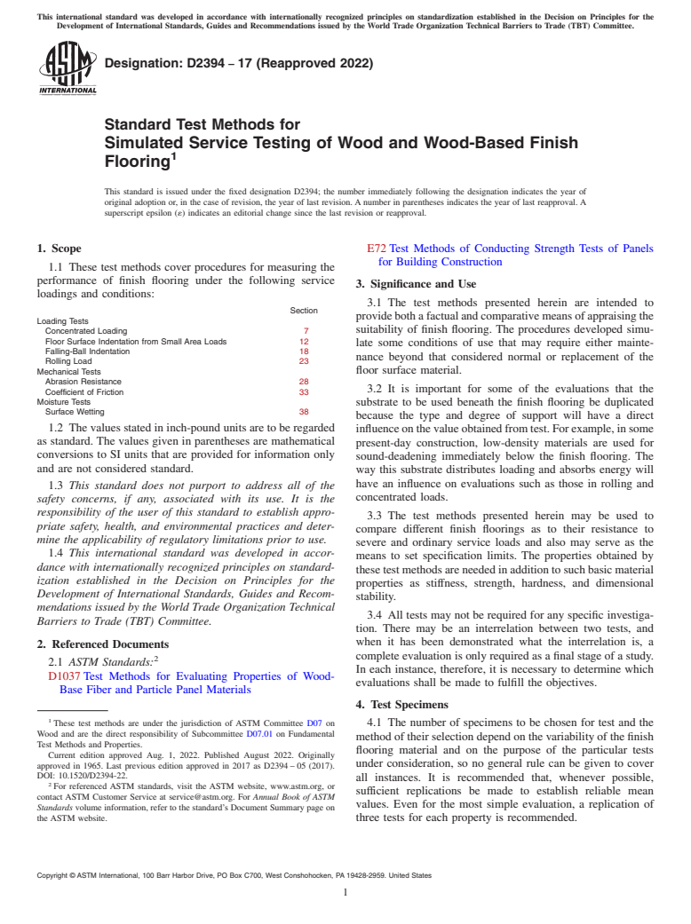 ASTM D2394-17(2022) - Standard Test Methods for Simulated Service Testing of Wood and Wood-Based Finish Flooring