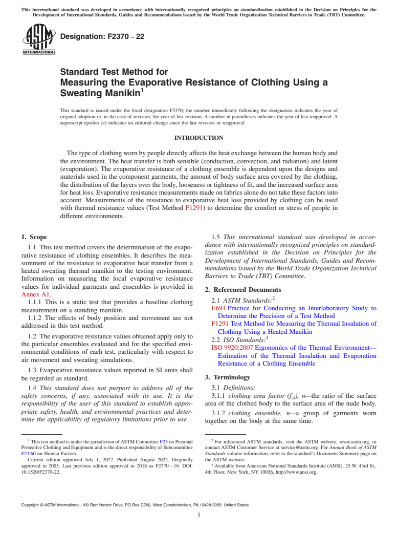 ASTM F2370-22 - Standard Test Method for Measuring the Evaporative Resistance of Clothing Using a Sweating  Manikin