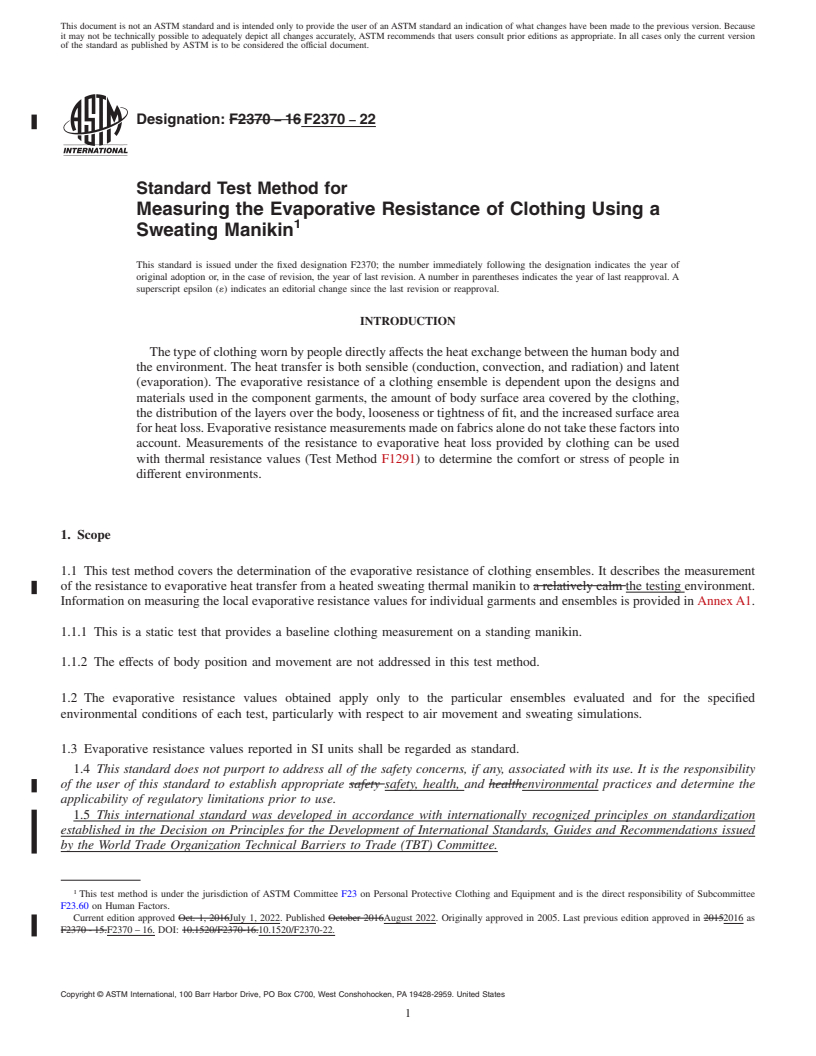 REDLINE ASTM F2370-22 - Standard Test Method for Measuring the Evaporative Resistance of Clothing Using a Sweating  Manikin