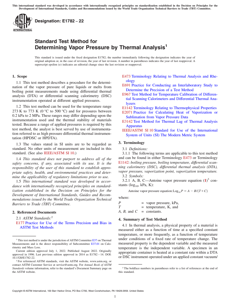 ASTM E1782-22 - Standard Test Method for  Determining Vapor Pressure by Thermal Analysis