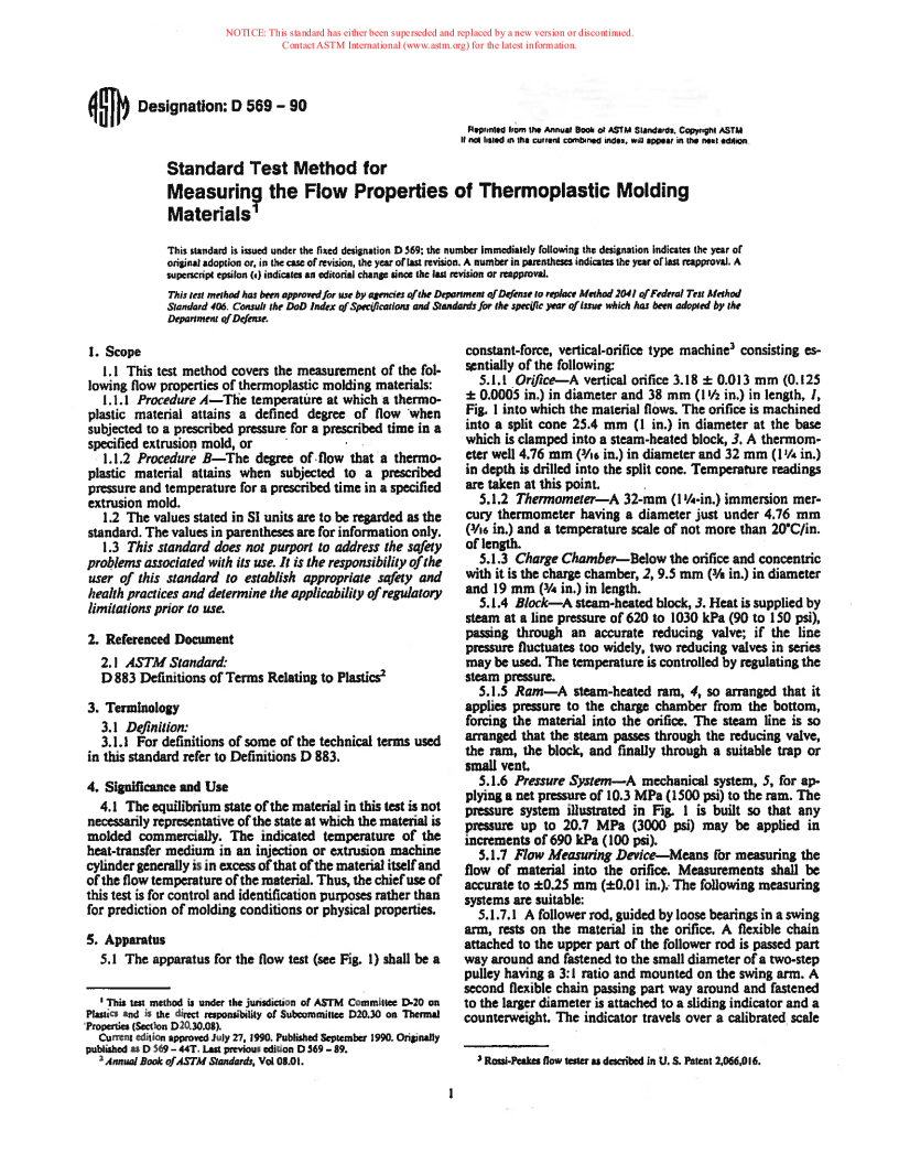 ASTM D569-90 - Method for Measuring the Flow Properties of Thermoplastic Molding Materials (Withdrawn 1995)