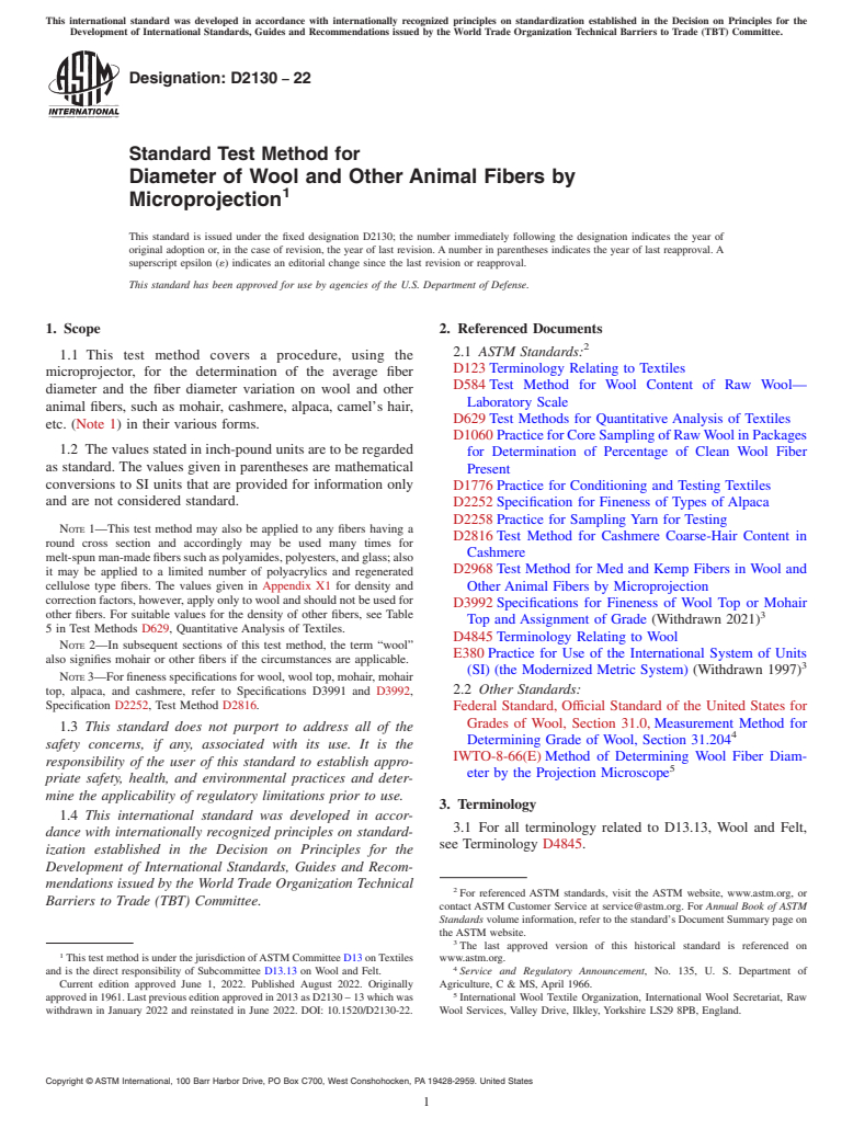 ASTM D2130-22 - Standard Test Method for  Diameter of Wool and Other Animal Fibers by Microprojection