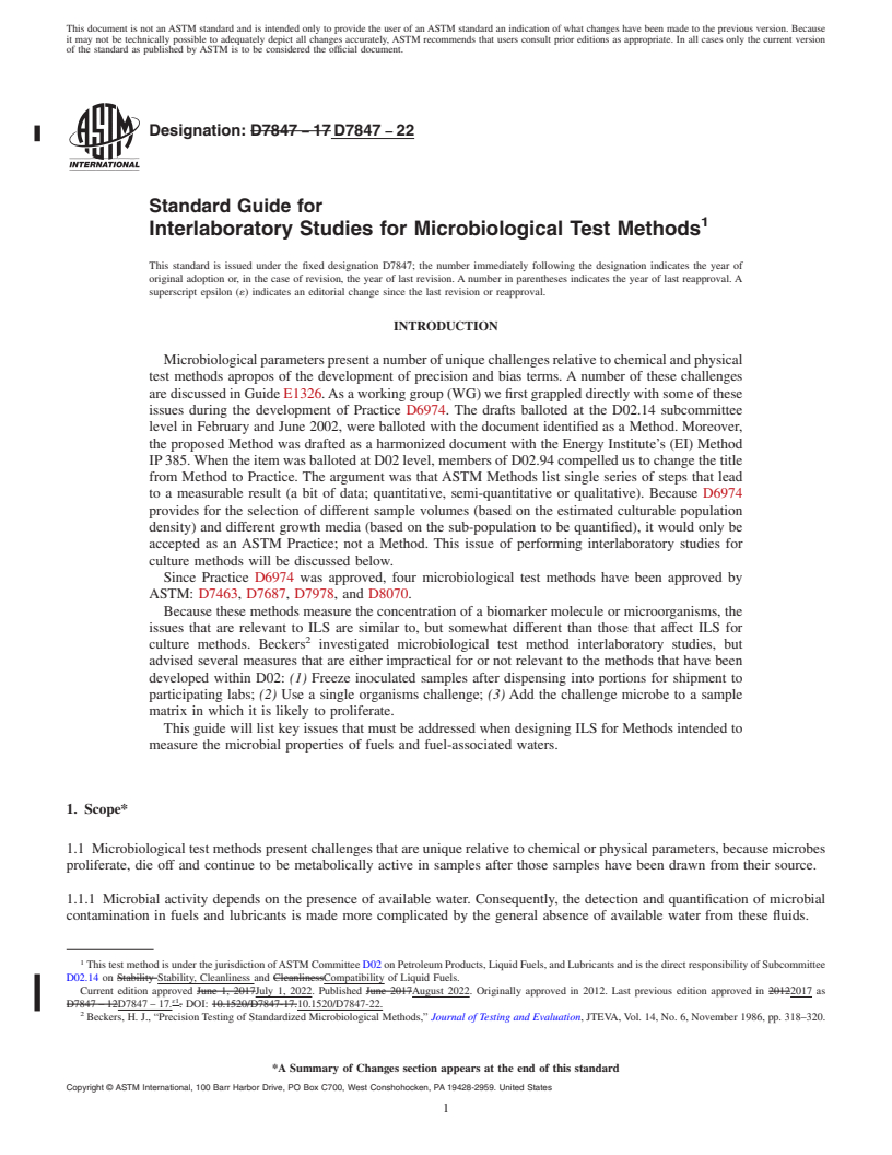 REDLINE ASTM D7847-22 - Standard Guide for Interlaboratory Studies for Microbiological Test Methods