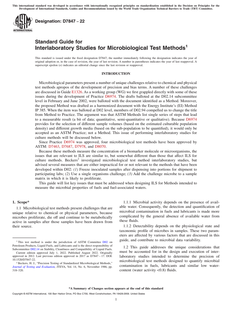 ASTM D7847-22 - Standard Guide for Interlaboratory Studies for Microbiological Test Methods