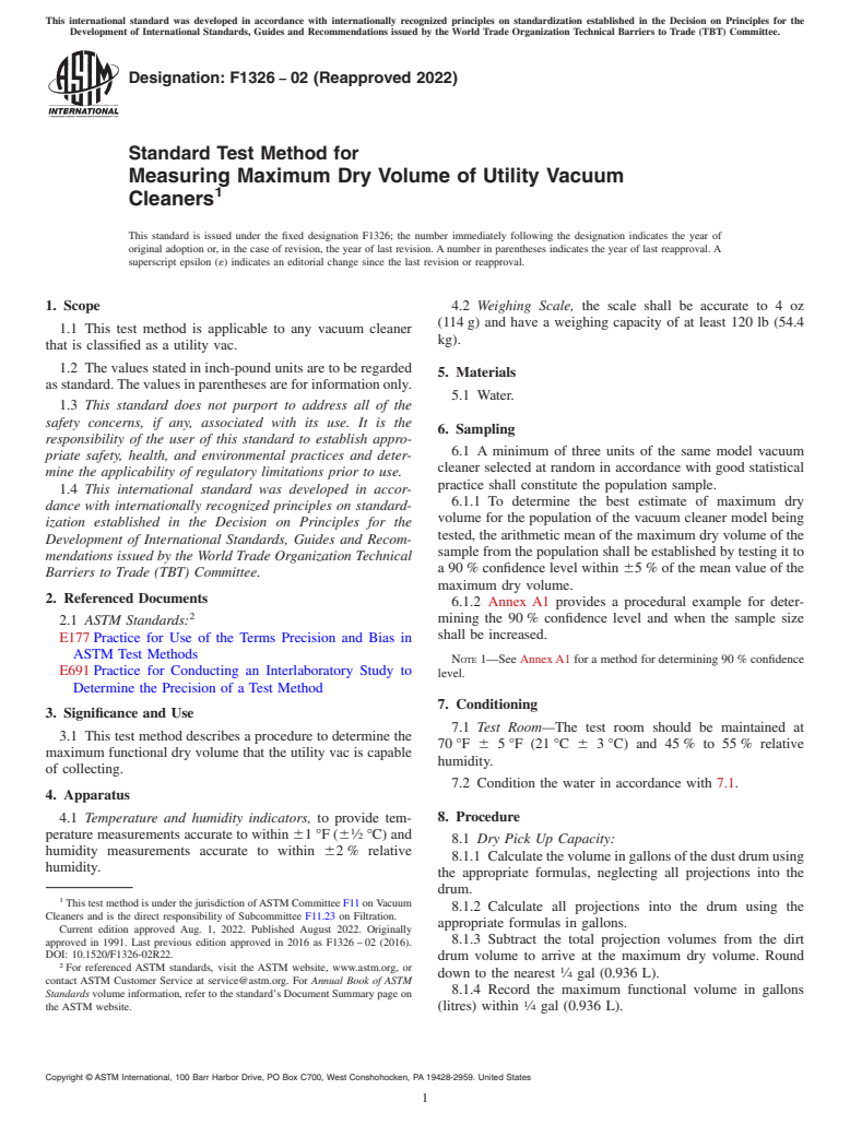 ASTM F1326-02(2022) - Standard Test Method for  Measuring Maximum Dry Volume of Utility Vacuum Cleaners