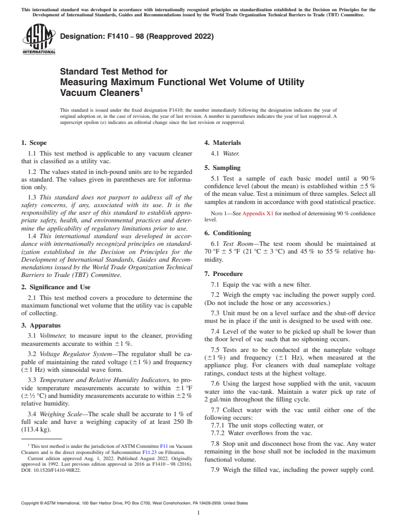 ASTM F1410-98(2022) - Standard Test Method for  Measuring Maximum Functional Wet Volume of Utility Vacuum Cleaners