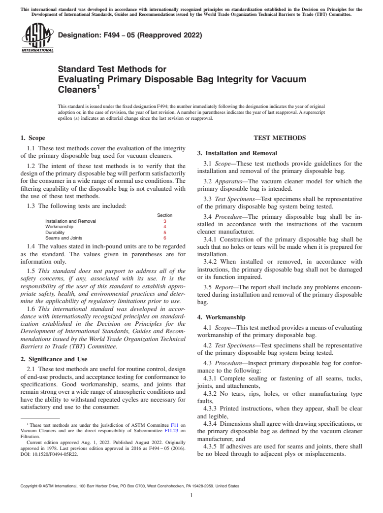 ASTM F494-05(2022) - Standard Test Methods for Evaluating Primary Disposable Bag Integrity for Vacuum Cleaners