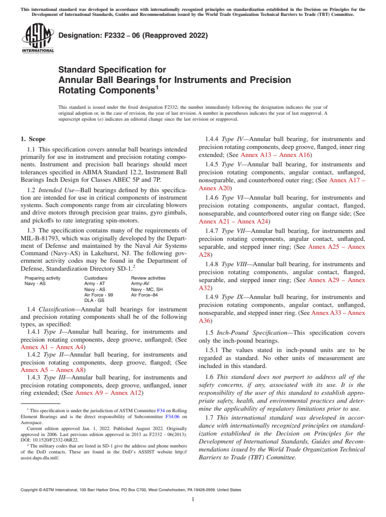 ASTM F2332-06(2022) - Standard Specification for  Annular Ball Bearings for Instruments and Precision Rotating  Components