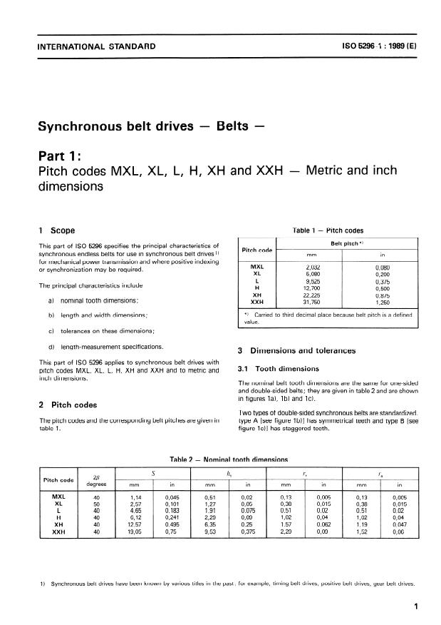 ISO 5296-1:1989 - Synchronous belt drives -- Belts