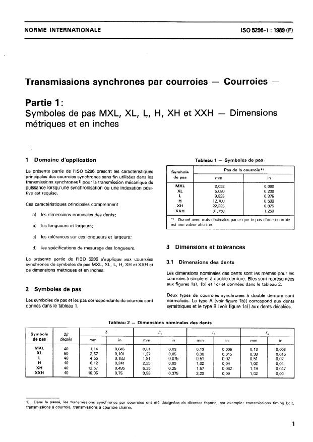 ISO 5296-1:1989 - Transmissions synchrones par courroies -- Courroies