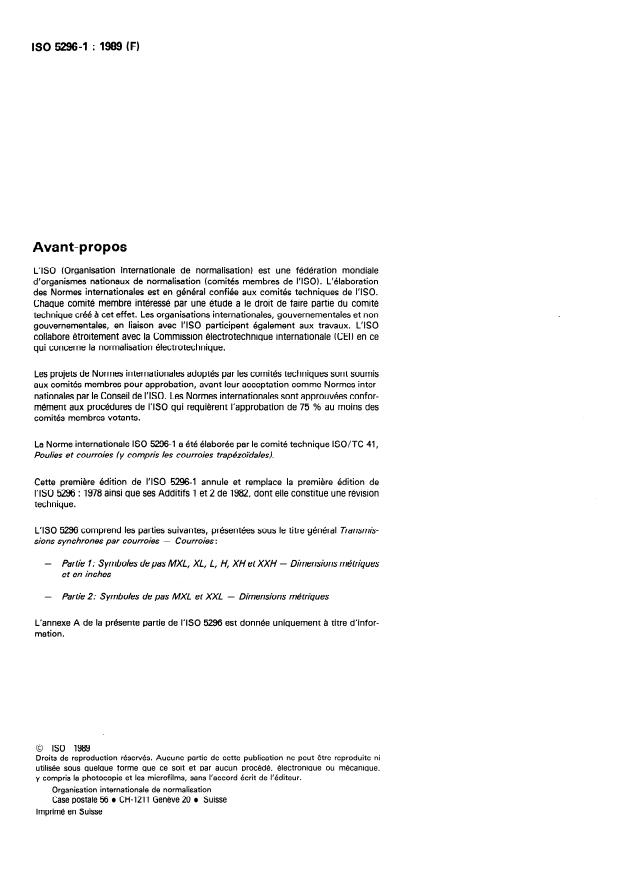 ISO 5296-1:1989 ISO 5296-1:1989 - Transmissions synchrones par courroies -- Courroies - Page 2 preview