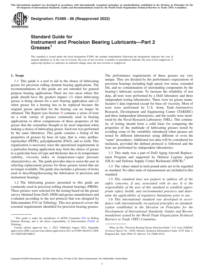 ASTM F2489-06(2022) - Standard Guide for  Instrument and Precision Bearing Lubricants—Part 2 Greases