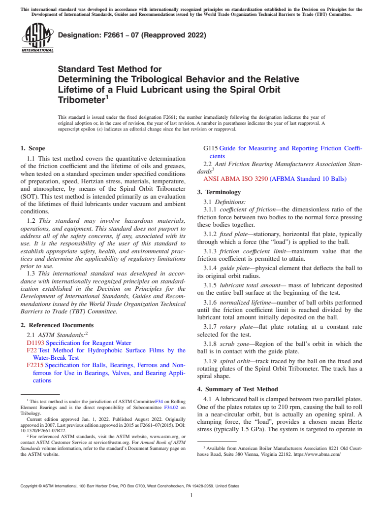 ASTM F2661-07(2022) - Standard Test Method for  Determining the Tribological Behavior and the Relative Lifetime  of   a Fluid Lubricant using the Spiral Orbit Tribometer