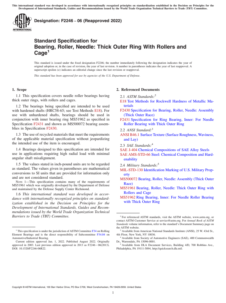 ASTM F2246-06(2022) - Standard Specification for  Bearing, Roller, Needle: Thick Outer Ring With Rollers and  Cage