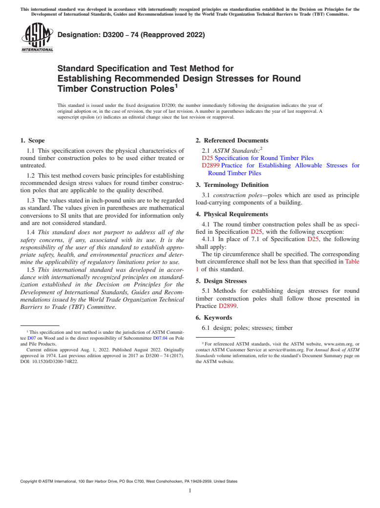 ASTM D3200-74(2022) - Standard Specification and Test Method for Establishing Recommended Design Stresses for Round Timber Construction   Poles