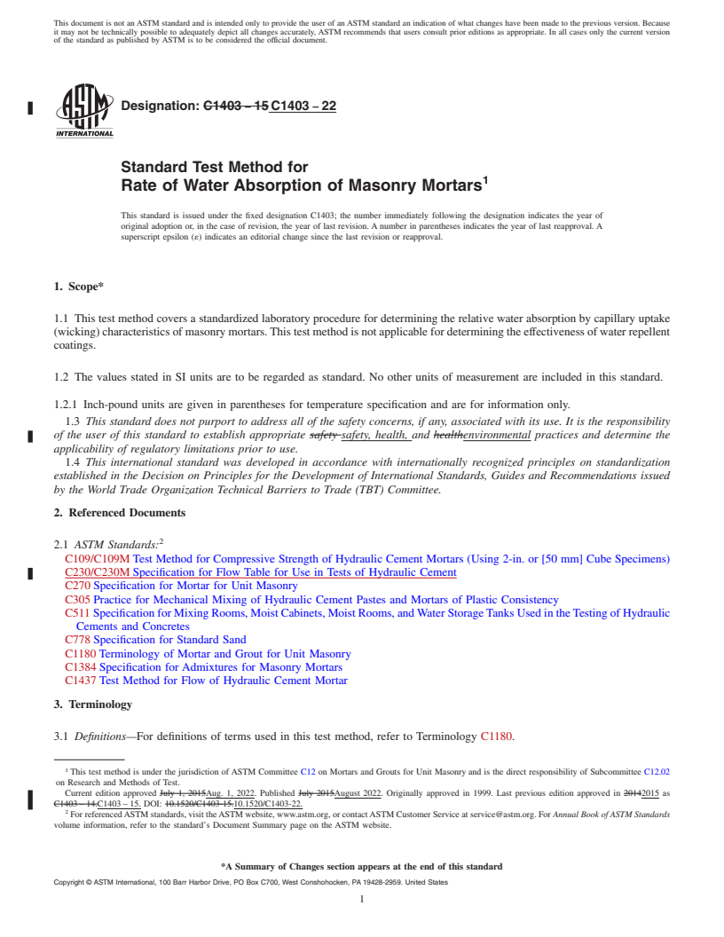 REDLINE ASTM C1403-22 - Standard Test Method for  Rate of Water Absorption of Masonry Mortars