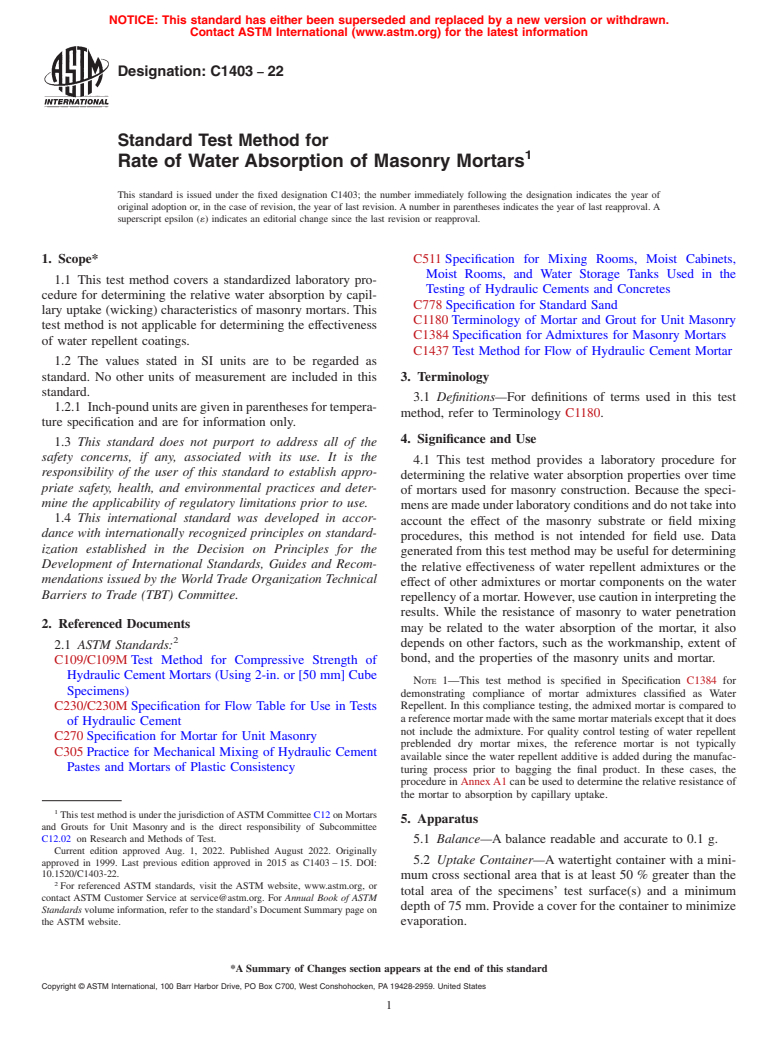 ASTM C1403-22 - Standard Test Method for  Rate of Water Absorption of Masonry Mortars