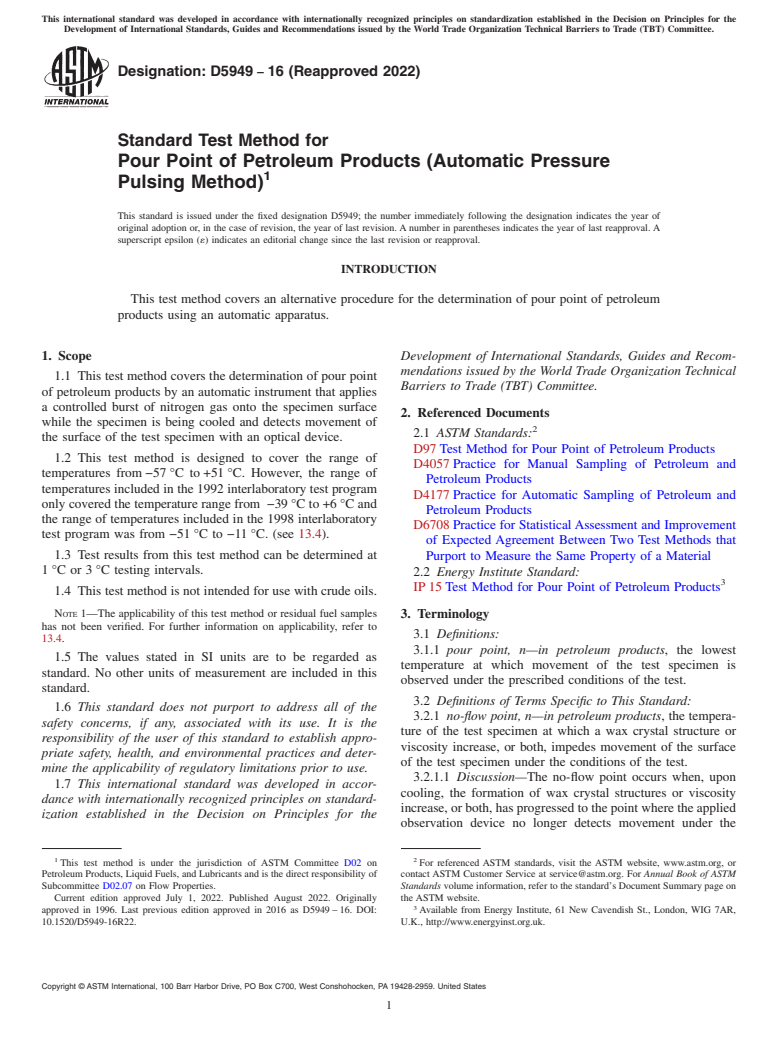 ASTM D5949-16(2022) - Standard Test Method for Pour Point of Petroleum Products (Automatic Pressure Pulsing   Method)