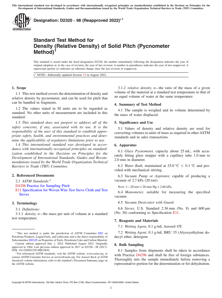 ASTM D2320-98(2022)e1 - Standard Test Method for  Density (Relative Density) of Solid Pitch (Pycnometer Method)