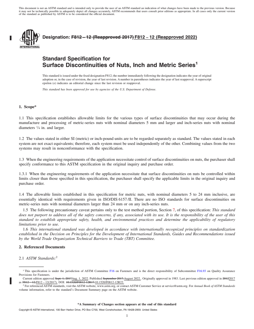 REDLINE ASTM F812-12(2022) - Standard Specification for  Surface Discontinuities of Nuts, Inch and Metric Series