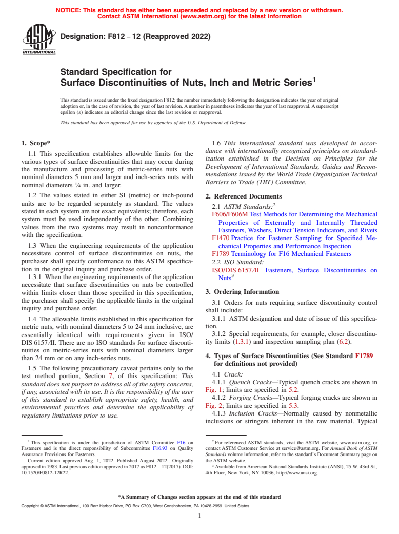 ASTM F812-12(2022) - Standard Specification for  Surface Discontinuities of Nuts, Inch and Metric Series