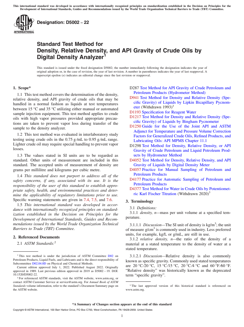ASTM D5002-22 - Standard Test Method for  Density, Relative Density, and API Gravity of Crude Oils by  Digital Density Analyzer