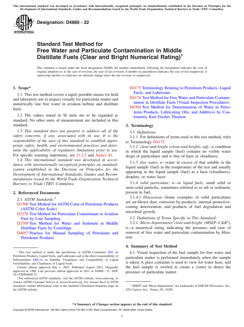 ASTM D4860-22 - Standard Test Method for  Free Water and Particulate Contamination in Middle Distillate   Fuels (Clear and Bright Numerical Rating)