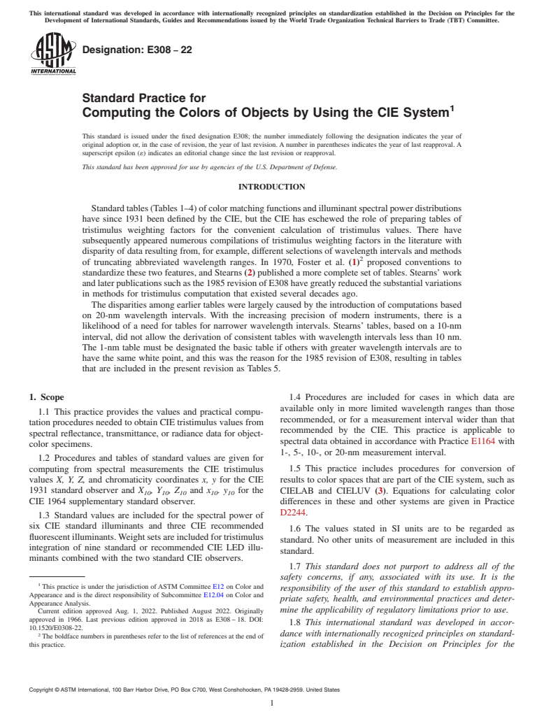 ASTM E308-22 - Standard Practice for Computing the Colors of Objects by Using the CIE System