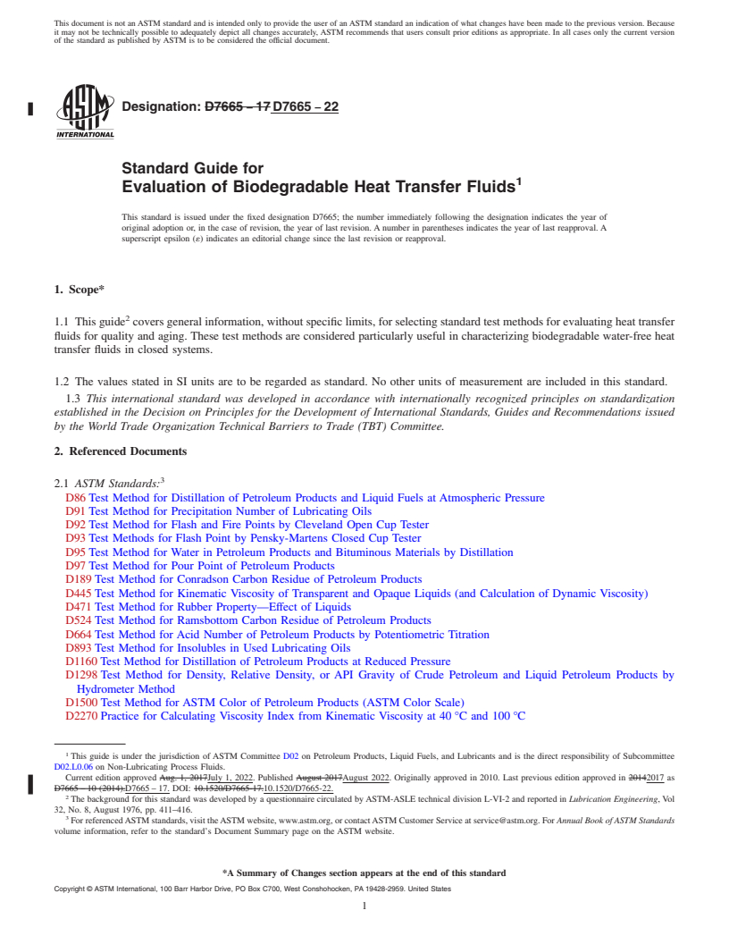REDLINE ASTM D7665-22 - Standard Guide for  Evaluation of Biodegradable Heat Transfer Fluids