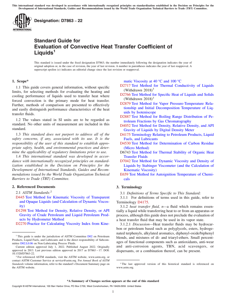 ASTM D7863-22 - Standard Guide for Evaluation of Convective Heat Transfer Coefficient of Liquids