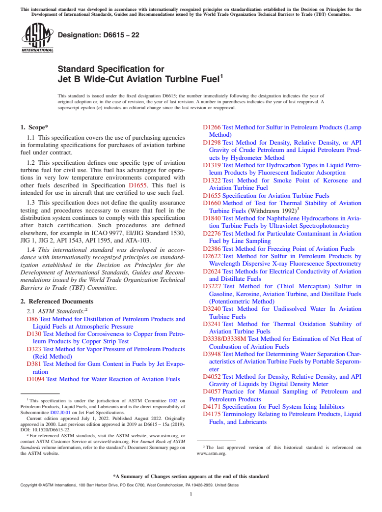 ASTM D6615-22 - Standard Specification for  Jet B Wide-Cut Aviation Turbine Fuel