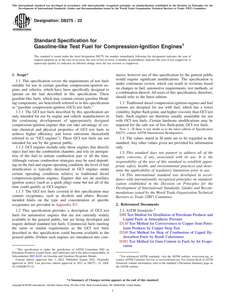 ASTM D8275-22 - Standard Specification for Gasoline-like Test Fuel for Compression-Ignition Engines
