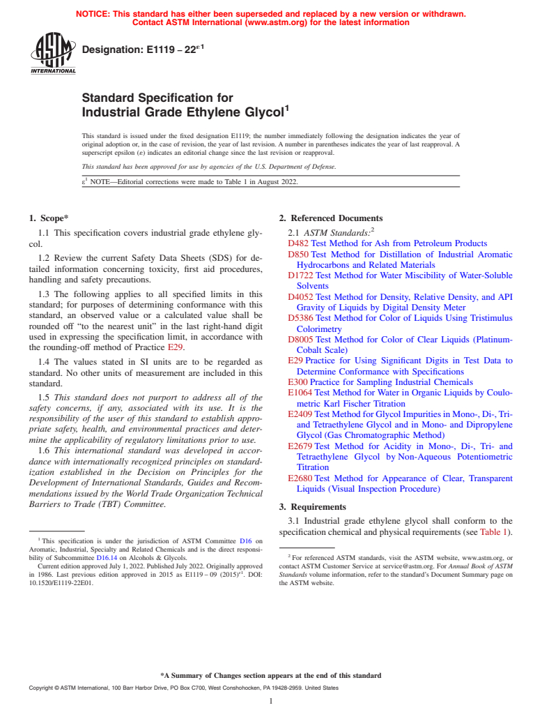 ASTM E1119-22e1 - Standard Specification for Industrial Grade Ethylene Glycol