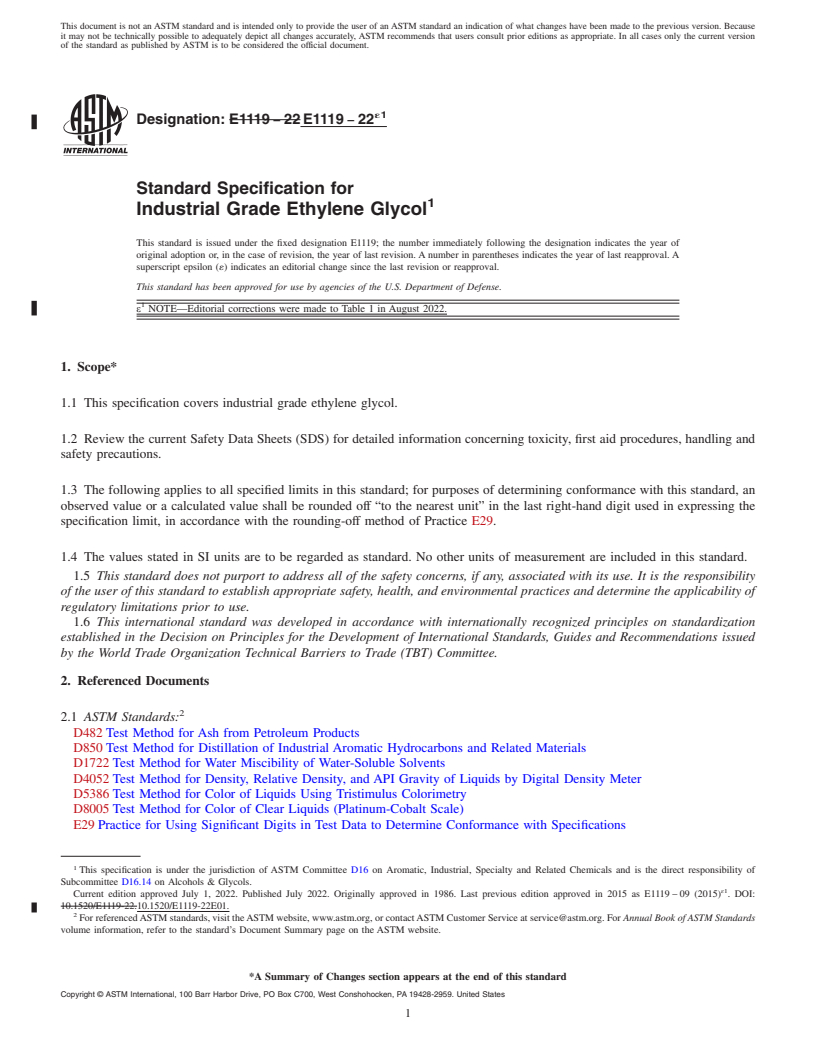 REDLINE ASTM E1119-22e1 - Standard Specification for Industrial Grade Ethylene Glycol