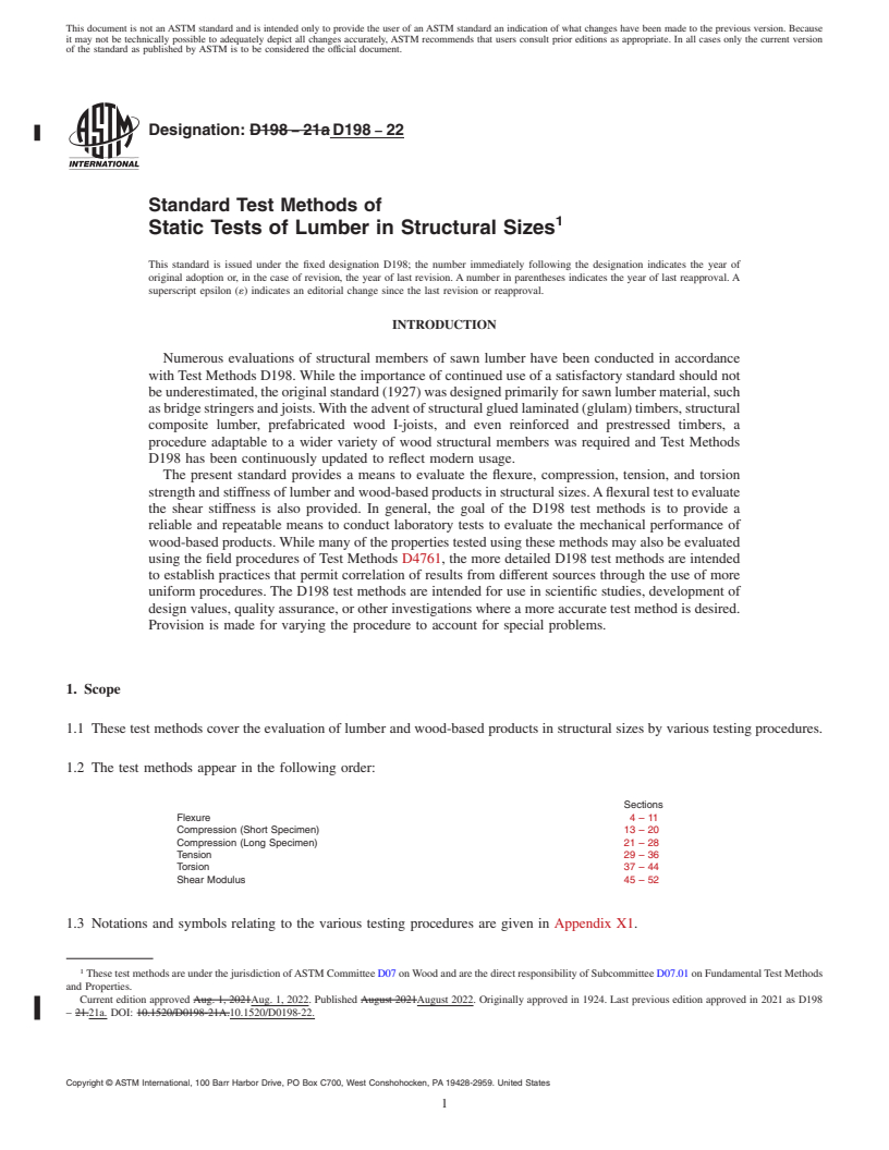 REDLINE ASTM D198-22 - Standard Test Methods of  Static Tests of Lumber in Structural Sizes