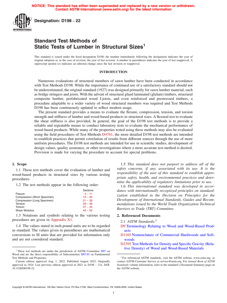 ASTM D198-22 - Standard Test Methods of  Static Tests of Lumber in Structural Sizes