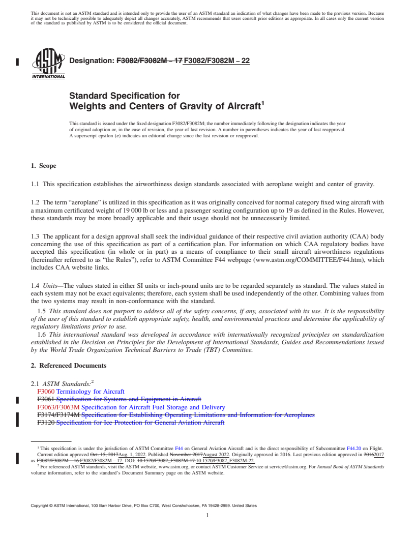 REDLINE ASTM F3082/F3082M-22 - Standard Specification for Weights and Centers of Gravity of Aircraft