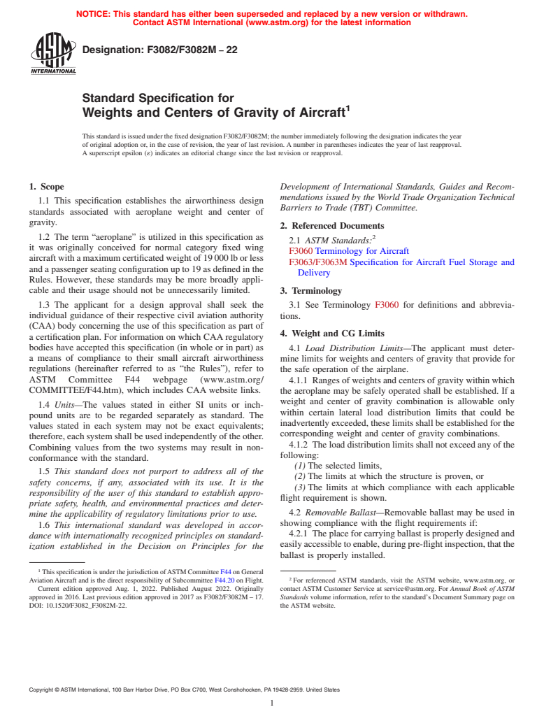 ASTM F3082/F3082M-22 - Standard Specification for Weights and Centers of Gravity of Aircraft