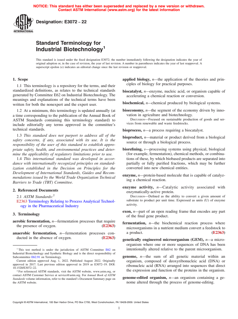 ASTM E3072-22 - Standard Terminology for Industrial Biotechnology