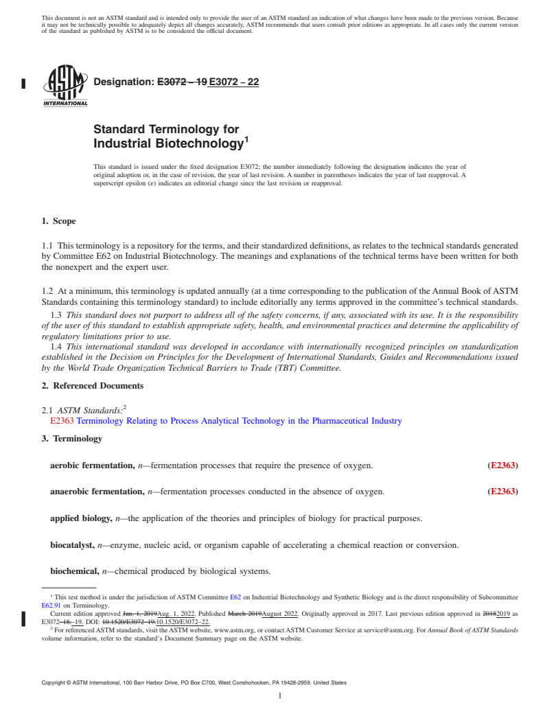 REDLINE ASTM E3072-22 - Standard Terminology for Industrial Biotechnology