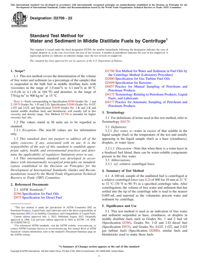 ASTM D2709-22 - Standard Test Method for  Water and Sediment in Middle Distillate Fuels by Centrifuge