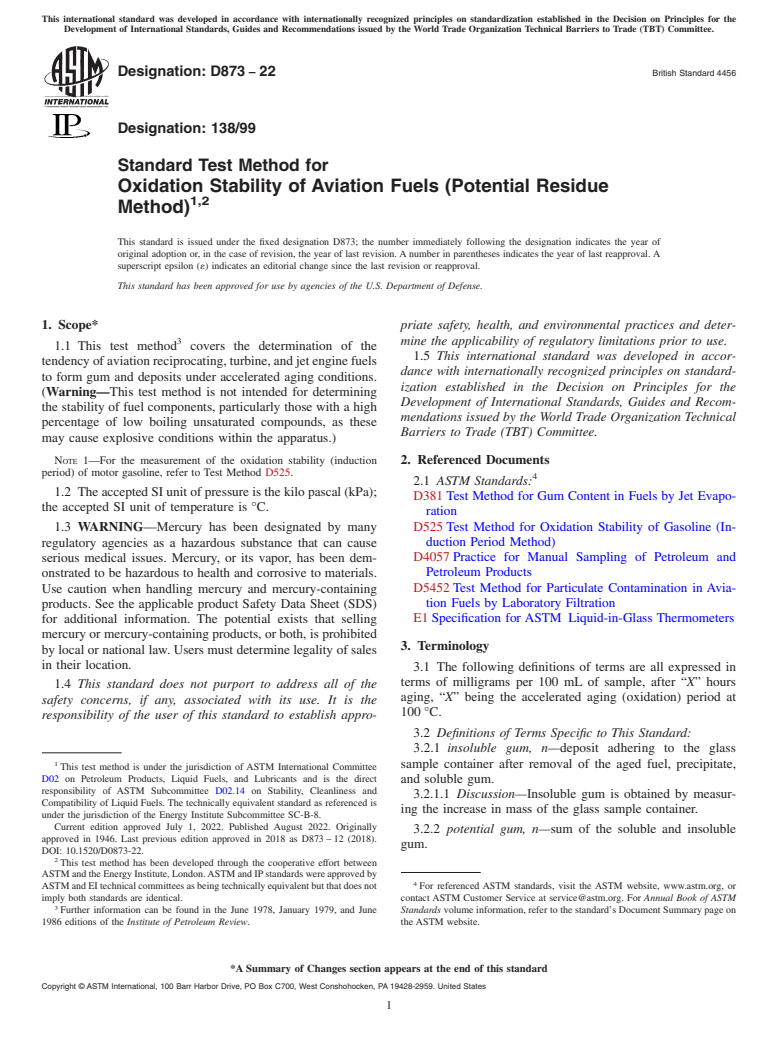 ASTM D873-22 - Standard Test Method for Oxidation Stability of Aviation Fuels (Potential Residue Method)