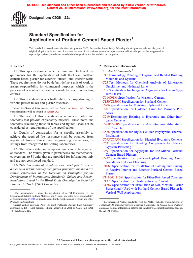 ASTM C926-22a - Standard Specification for  Application of Portland Cement-Based Plaster