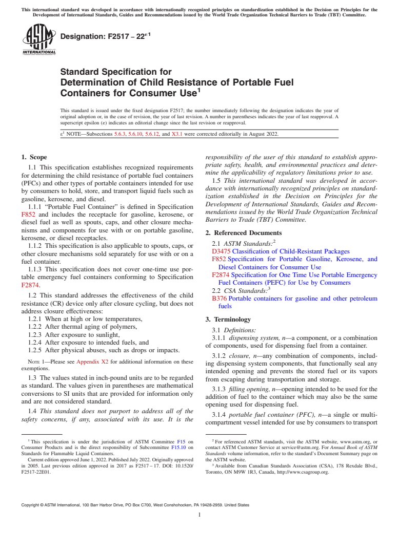 ASTM F2517-22e1 - Standard Specification for  Determination of Child Resistance of Portable Fuel Containers  for Consumer Use