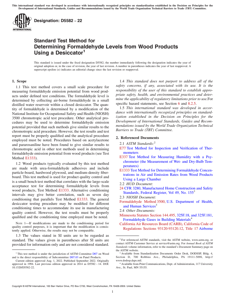 ASTM D5582-22 - Standard Test Method for  Determining Formaldehyde Levels from Wood Products Using a   Desiccator