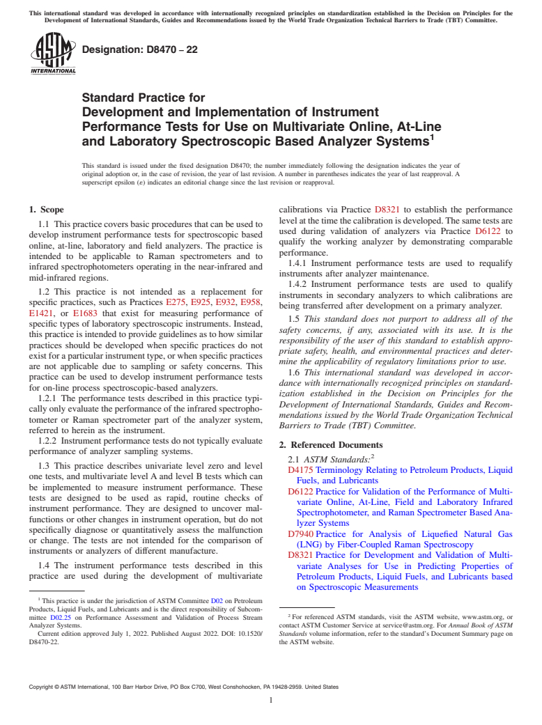 ASTM D8470-22 - Standard Practice for Development and Implementation of Instrument Performance Tests for Use on Multivariate Online, At-Line and Laboratory Spectroscopic Based Analyzer Systems