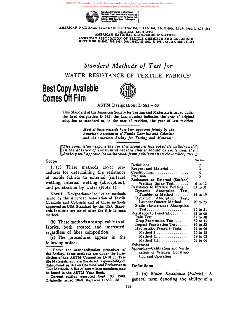 ASTM D583-63 - Methods of Test for Water Resistance of Textile Fabrics (Withdrawn 1971)